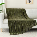 Chenille Throw Blanket for Couch with Tassels,50"X60" Soft Cozy Lightweight Knitted Boho Decorative Blankets for Bed and Sofa,Olive Green