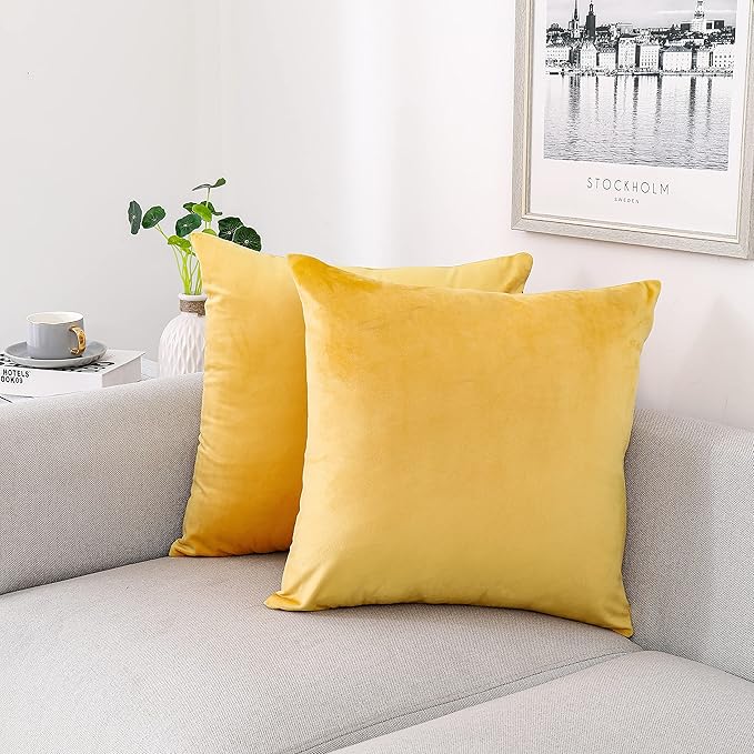 NiNi ALL Decorative Throw Pillow Covers Velvet 16x16 Inch Pack of 2 Yellow Cushion Covers Soft for Couch Sofa Bedroom Living Room Outdoor