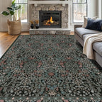 9x12 Washable Area Rugs for Living Room, Stain Resistant Vintage Rugs for Dining Room Under Kitchen Table, Bedroom, Floral Low Pile Non-Slip Large Carpet (9 x 12 Dark Green)