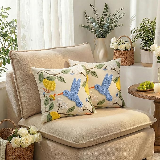AVOIN colorlife Hummingbird Floral Lemon Embroidered Throw Pillow Covers, 18 x 18 Inch Holiday Spring Summer Decorative Tufted Patterned Linen Cushion Case for Sofa Couch Set of 2