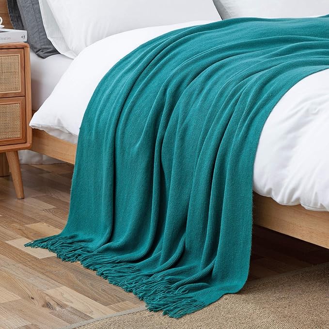Vonty Teal Knitted Blanket with Tassels Fringe 50" x 60", Super Soft Knit Throw Blanket, Farmhouse Decorative Lightweight Blanket for Couch, Sofa, Bed