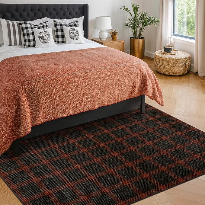 Easy Jute 5x7 Buffalo Plaid Rug for Bedroom Under Bed - Retro Black and Red Rug for Living Room, Entrance, Non Slip Washable Carpet for Patio and Fireplace, Washable Woven Fall & Holiday Decor