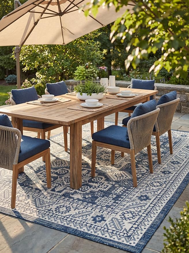 Rugs.com Outdoor Aztec Collection Rug – 8' x 11' Blue Flatweave Rug Perfect for Living Rooms, Large Dining Rooms, Open Floorplans