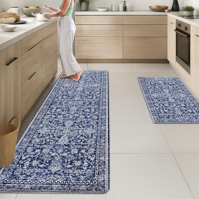 Arttown Kitchen Mats for Floor 2Pcs-Anti Fatigue Non Slip Mats for Kitchen Floor, Cushioned Waterproof & Stain-Resistant Boho Stripe Floral Mat Set, Laundry Room, Office, Sink, Desk (Blue)