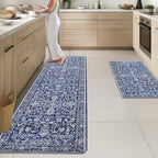 Arttown Kitchen Mats for Floor 2Pcs-Anti Fatigue Non Slip Mats for Kitchen Floor, Cushioned Waterproof & Stain-Resistant Boho Stripe Floral Mat Set, Laundry Room, Office, Sink, Desk (Blue)