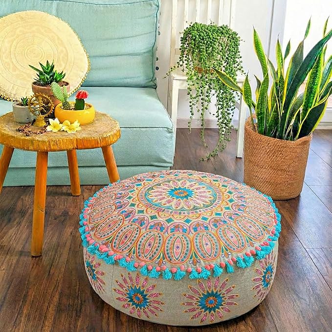 Mandala Life ART Moroccan Large Floor Pillow Cover with Tassels and Ponpon Bedroom Décor Round Pouf Ottoman Boho Chic Seating Area Beanbag Footstool Stool Cotton 24x8 Unstuffed