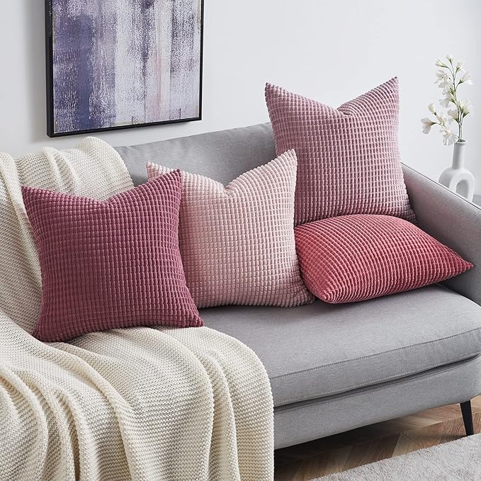Topfinel 4 Packs Pink Decorative Throw Pillow Covers 16x16 Inch for Living Room Couch Bed Sofa, Boho Western Farmhouse Home Decor, Square Soft Moss Corduroy Fall Cushion Case 40x40 cm