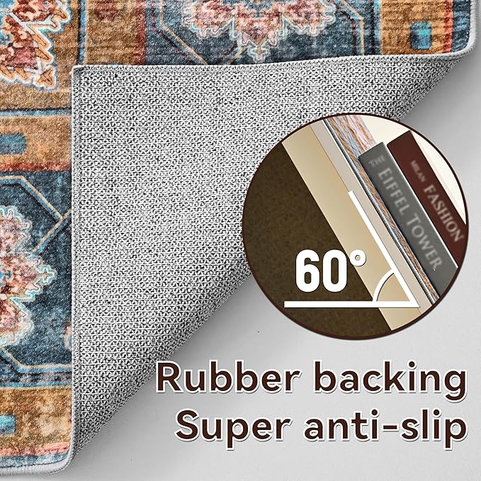 YJ.GWL Area Rugs for Living Room 4x6 Machine Washable Rugs for Bedroom, Non Slip Floral Vintage Rug Indoor Carpet, Stain Resistant Throw Rug for Dining Room Kitchen, Brown Blue