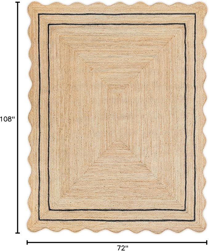 Wave Scalloped Natural Jute Rug - Boho Jute Entryway Runner, Black (6'x9'')