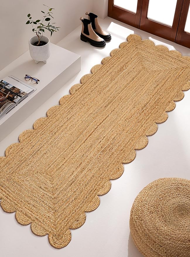 Hand Woven Jute Braided Rug, 2.5'x8' Feet – Scalloped Jute Rug, Reversible Boho Entry Area Rugs for Kitchen, Living Room, Floor Rug, 30 X96 Inches