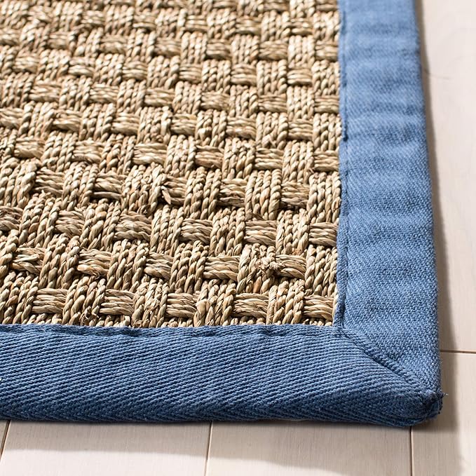 SAFAVIEH Area Rug 4' Square - Natural Fiber Collection - Natural & Navy, Seagrass, Basketweave Pattern with Border (NF114T)