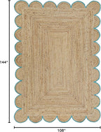 Scalloped Natural Jute Area Rug, Teal Trim, 9'x12'