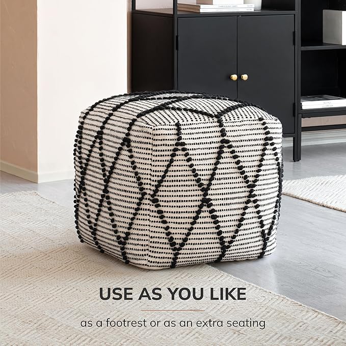 Anji Mountain Pouf Ottoman Foot Rest, Handmade Ottoman Pouf, Comfortable Foot Stool, Decorative Floor Seating for Living Room Decor, Bedroom & Home Décor Accent - Black/White