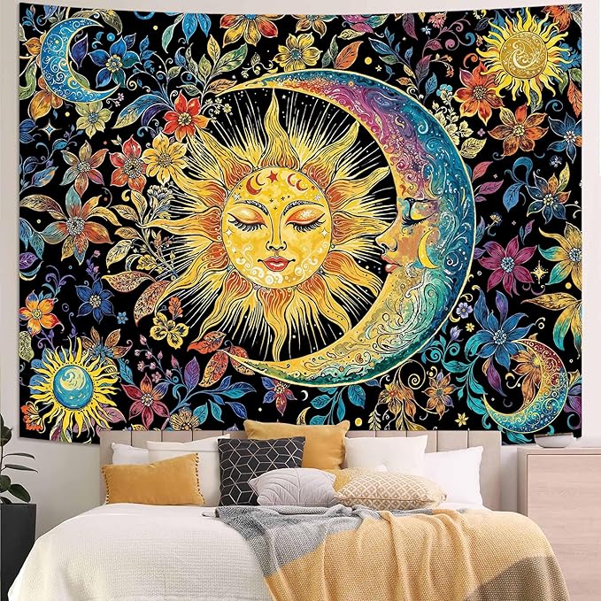 Accnicc Sun and Moon Tapestry for Bedroom Boho Hippie Floral Wall Tapestry Aesthetic Vintage Stained Glass Flower Plant Celestial Large Tapestries Wall Hanging for Living Room Dorm 80 x 60 Inch