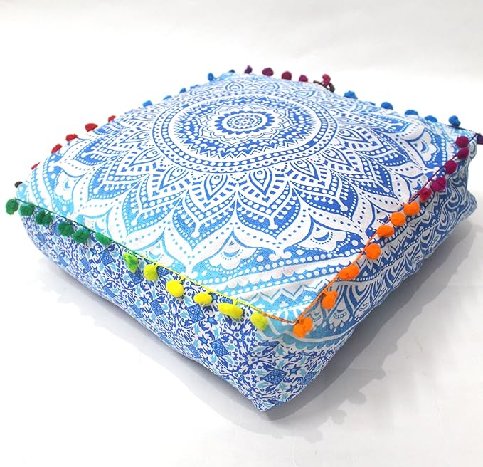 CRAFT KALA 18" Square Large Hippie Mandala Meditation Floor Ottoman Pillow Cushion Pouf Cover Square Poufs Bohemian Circle Floor Cushion Case Outdoor Fireplace Yoga Living Room Decor Cover Blue Ombre