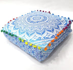 CRAFT KALA 16" Square Large Hippie Mandala Meditation Floor Ottoman Pillow Cushion Pouf Cover Square Poufs Bohemian Circle Floor Cushion Case Outdoor Fireplace Yoga Living Room Decor Cover Blue Ombre
