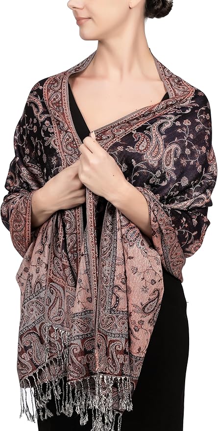 Achillea Reversible Paisley Pashmina Rave Scarf – Exotic Indian Shawls and Wraps for Evening Dresses, Festivals, All Seasons