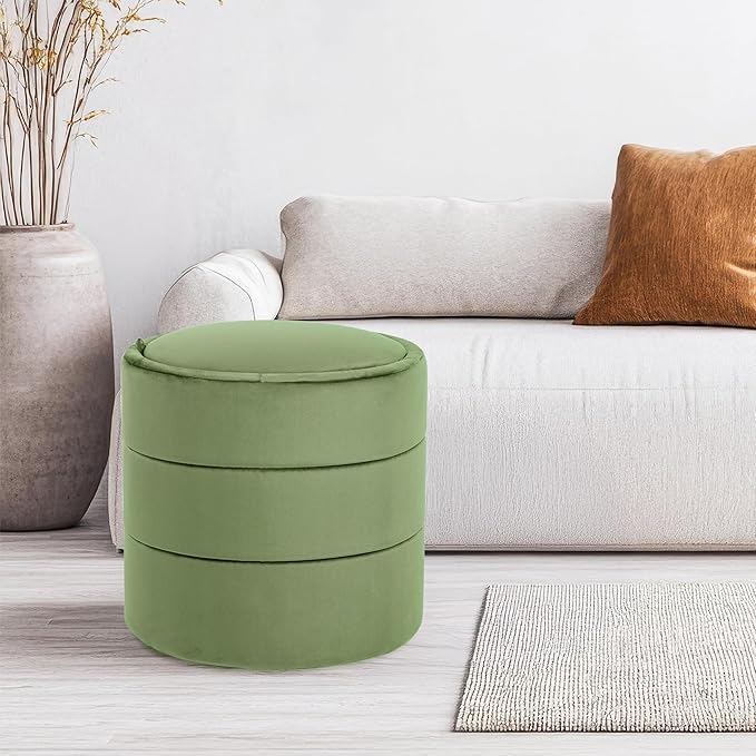 Spatial Order Storage Round Ottoman with Removable Lid (with Hidden Storage) | Spatial Order Home Décor | Upholstered Round Velvet Ottoman – Green Velvet