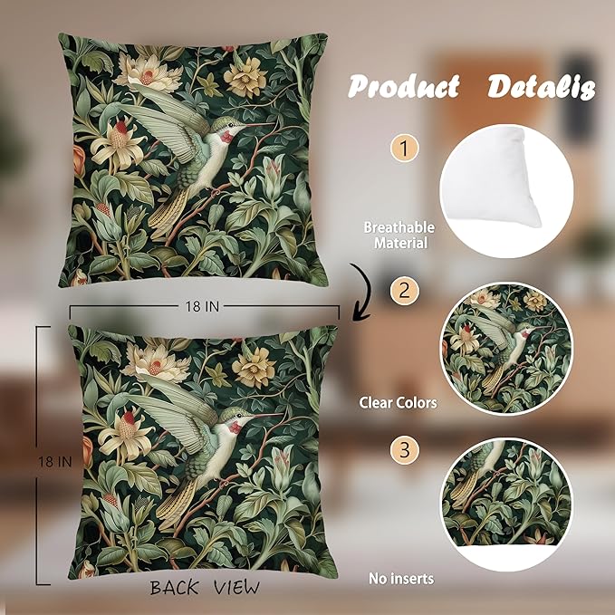 Vintage William Morris Hummingbird Pillow Cover 18x18,Rustic Green Hummingbird Bird Animal Floral Botanical Print Decorative Throw Pillow Covers for Home Bedroom Living Room