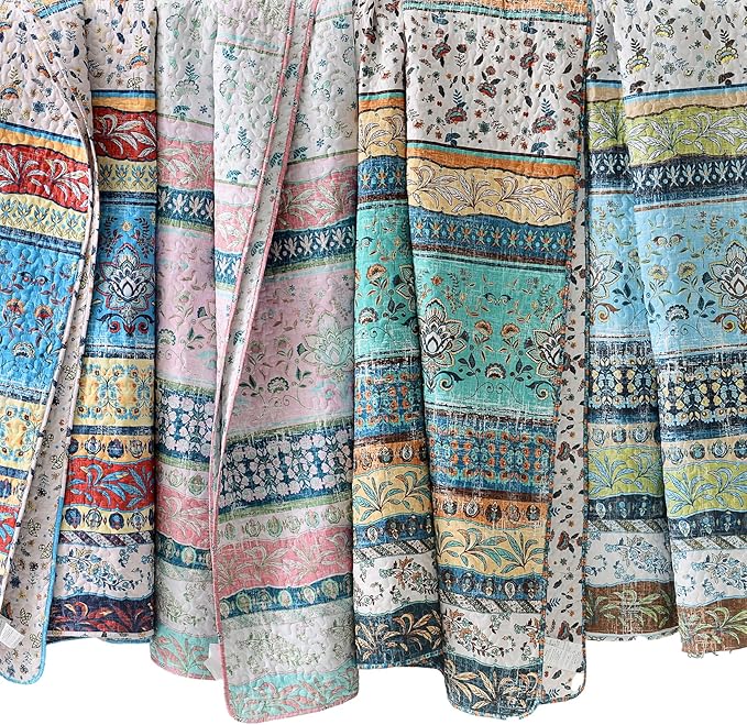 HORIMOTE HOME Boho Style Queen Quilt Set Yellow Bohemian Floral Strip Quilt Beddding Set, Soft and Lightweight Bedspread for All Season, Full Size Bed Coverlet with 2 Matching Pillow Shams (3 Pieces)