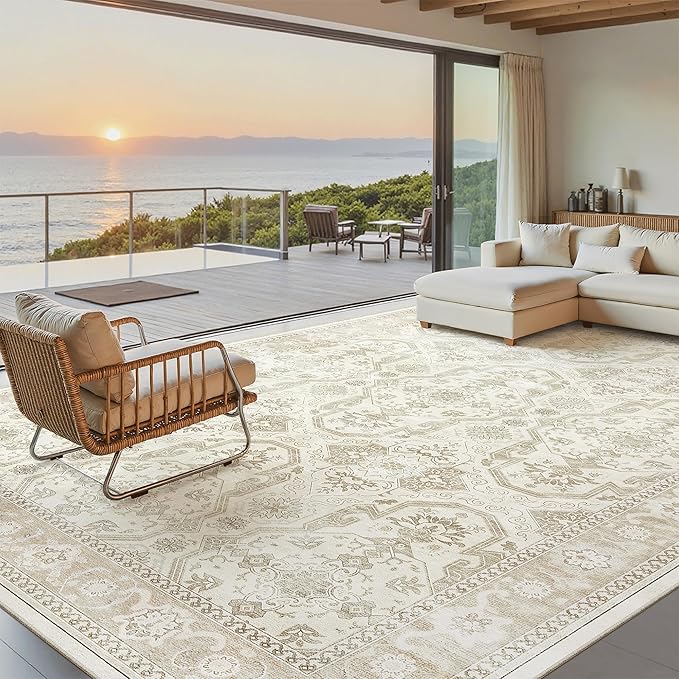 9x12 Area Rugs for Living Room, Non Slip Machine Washable Vintage Rugs, Low Pile Lightweight Large Rug for Bedroom, Dining Room, Home Office Beige/Brown