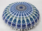 CRAFT KALA Large Round Bohemian Floor Pillow Pouf Cover Mandala Meditation Room Pillow Cover for Adults Boho Seating Poufs Cushion Cover for Kids Playroom 32" Round Green Sky Peacock