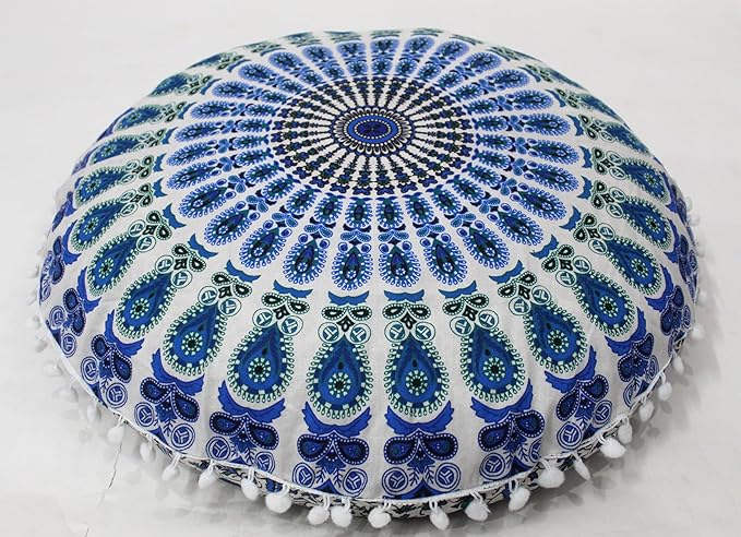 CRAFT KALA Boho Large Floor Pillow Pouf Cover Mandala Meditation Room Pillow Cover for Adults Round Bohemian Seating Pouf Cushion Cover for Kids Playroom 22" Green Sky Peacock