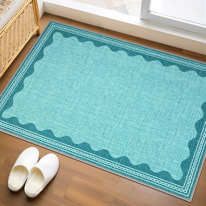 Scalloped Teal Washable Rugs 8x10 Rug for Living Room Solid Modern Minimalism Soft Low-Pile Carpet for Bedroom Dining Nursery Non Slip TPE Backing