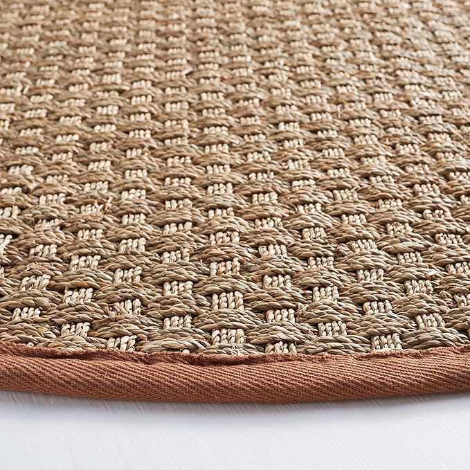SAFAVIEH Area Rug 6' Round - Natural Fiber Collection - Natural & Brown, Seagrass, Basketweave Pattern with Border (NF114B)