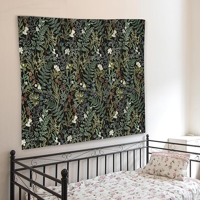 WNAGT Dark Vintage Floral Botanical Tapestry Wall Hanging, Cottage Core Decor, Green Fern Leaf Plant Flower Wall Blanket Decor for Home Bedroom Living Room, 50x60 Inch