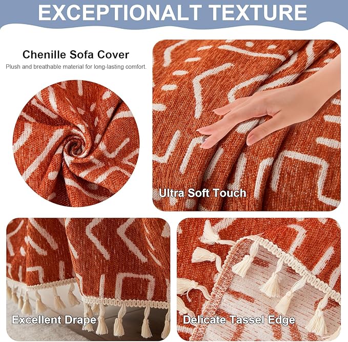 VClife Boho Couch Cover for 3 Cushion Couch Sofa Durable Soft Chenille Sofa Slipcover for Sectional Sofa, 1 PC Multi-Functional Sofa Covers Protector, Caramel and White Furniture Protector 71" x 134"