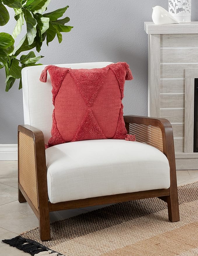 SARO LIFESTYLE Allman Collection Tufted Diamond Tassel Throw Pillow with Down Filling, 18", Rust