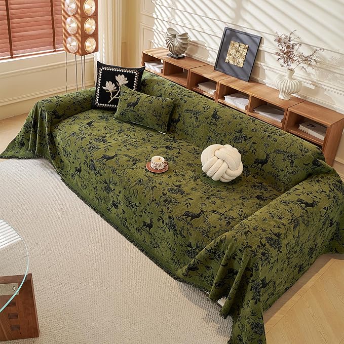 ROOMLIFE Green Couch Cover Sofa Covers, Chenille Couches Covers for 3 Cushion Sofas, Non Slip Soft Breathable Sofa Slipcovers for Pet, Washable Furniture Protector with Tassel,71''X134”