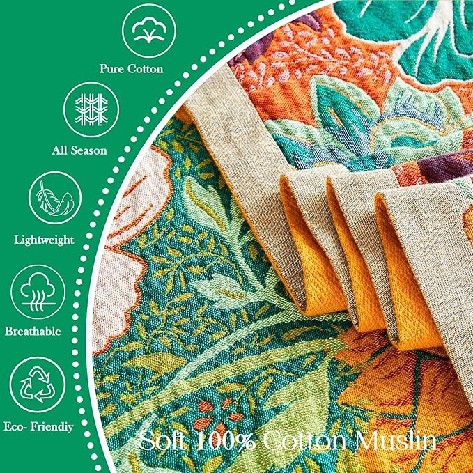 Boho Blanket Soft Muslin Boho Throw Blanket 100% Cotton Blanket All Seasons Reversible Rustic Floral Printed Vintage Rustic Farmhouse Decor Throw for Sofa Couch Chair (Green, 80"x90")