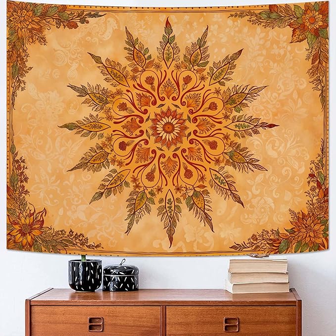 Accnicc Boho Mandala Floral Tapestry Vintage Bohemian Indian Tapestries for Bedroom Aesthetic Retro Orange Yellow Flower Tapestry Wall Hanging for Dorm Living Room Decor 60 x 44 Inch