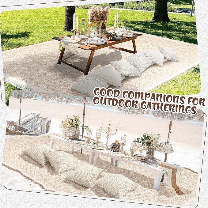 Extra Large Outdoor Boho Picnic Blanket 118'' x 71'' Beige White Table Runner 6 Throw Pillow Cover Woven Cotton Yarn Oversize Beach Blanket Washable for Picnic Camp Wedding