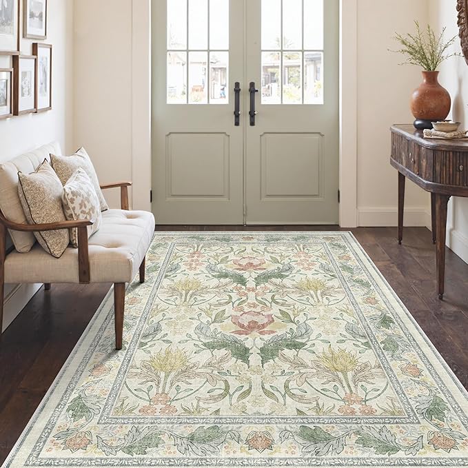 Bavni 5x7 Area Rugs for Living Room, Microfiber Machine Washable Non-Slip Vintage Floral Rug, Low Pile Lightweight Carpet for Bedroom, Dining Room, Home Office, Beige&Green