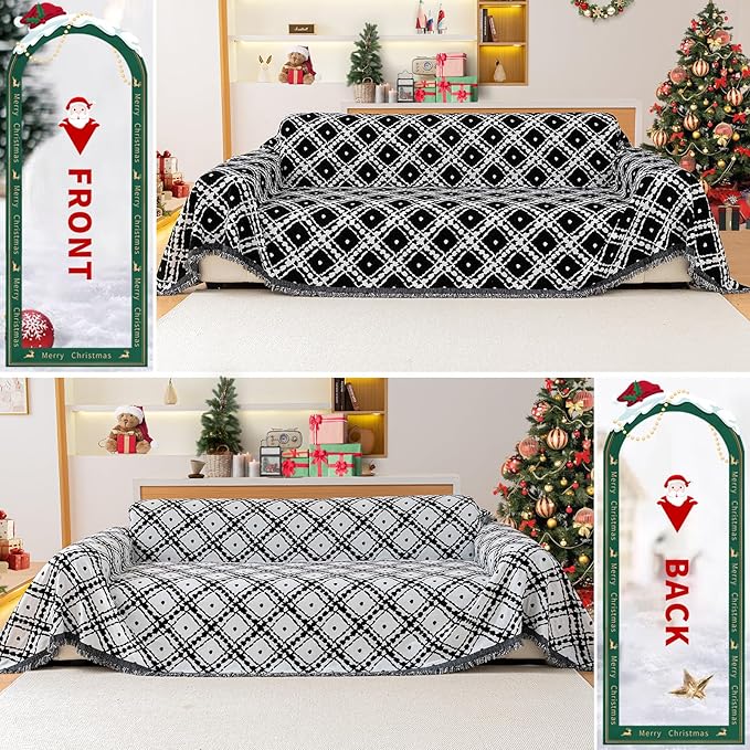 Reversible Couch Cover Blanket, Christmas Couch Cover, Chenille Sofa Cover Blanket, Christmas Sofa Covers Washable, 71"×102" Couch Covers for Recliner & Chair (1PC, Black, Loveseat)