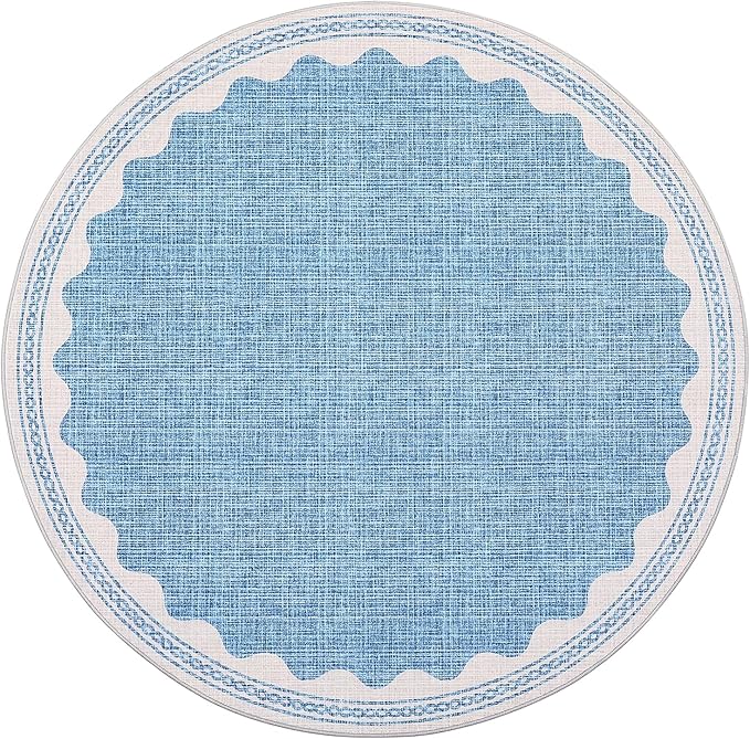 Scalloped Blue 4ft Round Rug Washable Non-Slip Soft Ultra-Thin Small Circle Modern Cottage Core Solid Tan Carpet for Entryway Kitchen Bedroom Nursery Dining Room