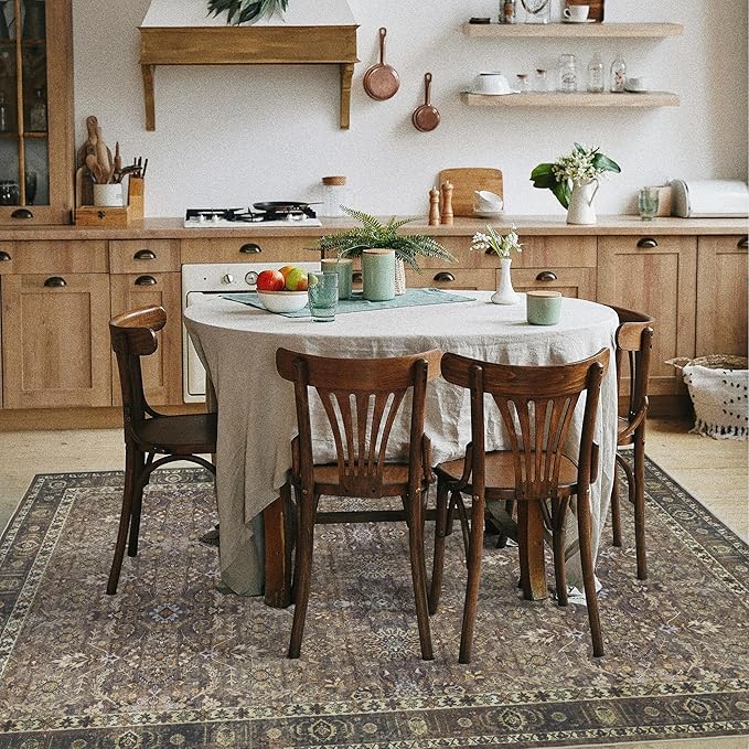 9x12 Vintage Washable Area Rug for Living Room,Low Pile Non Slip Carpet Non-Shedding Large Area Rug Soft Indoor Stain Resistant Rug Floral Print Mat for Dining Room Brown Floral