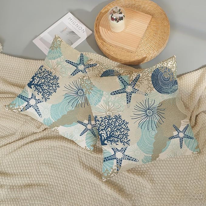 Nautical Coastal Pillow Covers 18x18 Inch Set of 2, Beach Themed Ocean Throw Pillows Starfish Seashell Decorations Summer Pillowcase Linen Outdoor Decor Farmhouse Cushion Case for Home Bedroom