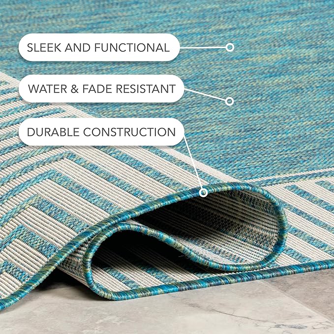 Nuloom Asha Teal/Ivory, 5' x 8', Casual, Striped Border, Soft and Cozy, High Traffic, Stain Resistant, Easy Clean, Durable Area Rug for Indoor/Outdoor Patio, Deck, Porch, Garden, Courtyard