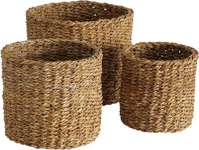 WHW Whole House Worlds Made by Nature Seagrass Baskets, Round, Natural Chunky Sweater Weave, Set of 3, Made by Hand, from 9.75-6.75 D Inches, Ideal for Storage