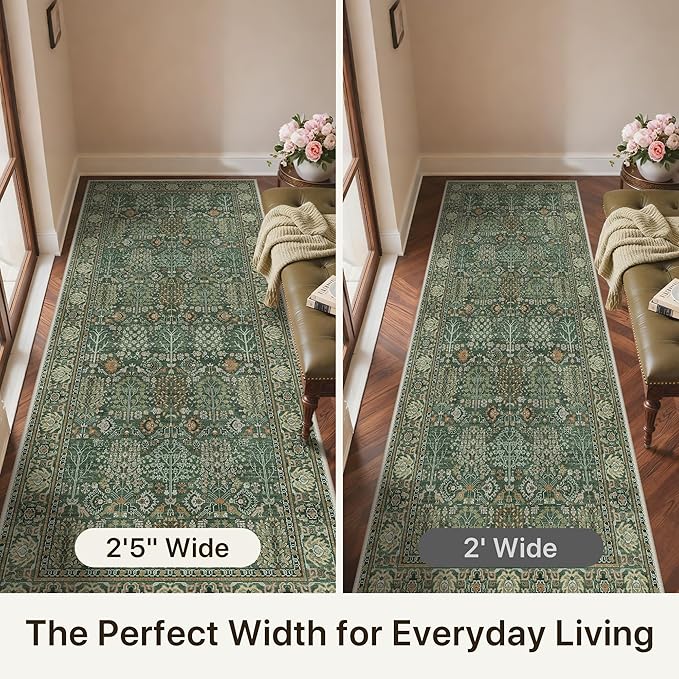 Bavni 2'6''x6 Rug Runners for Hallways, Washable Runner Rug Non Slip, Vintage Floral Print Style Rugs for Bedroom-Lightweight Low Pile Carpet for Hallways Bathroom, Forest Green