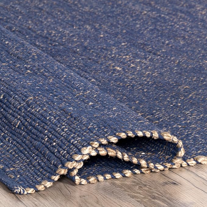 nuLOOM 9x12 Elfriede Jute & Cotton Hand Woven Area Rug, Blue, Solid Rustic Farmhouse Style, Weaved Design, Natural Fiber, For Bedroom, Living Room, Dining Room, Hallway, Office, Entryway