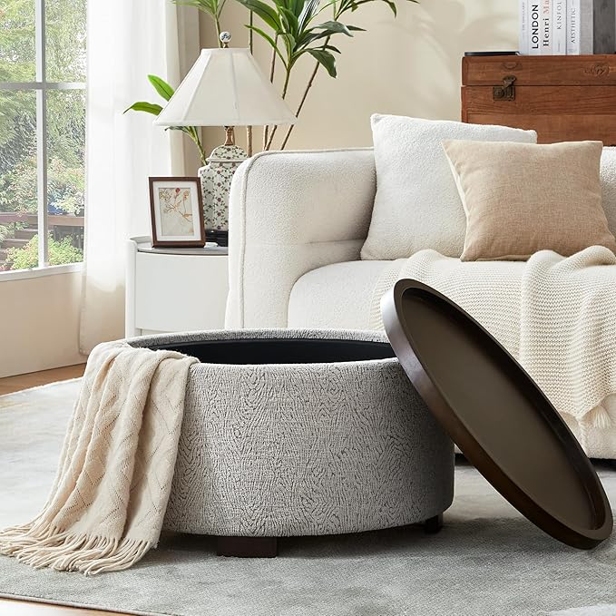 30 Inch Round Storage Ottoman, Ottoman Coffee Table with Lift Off Lid, Boucle Modern Ottomans with Storage for Living Room, Bedroom, Apartments (White and Gray Striped)