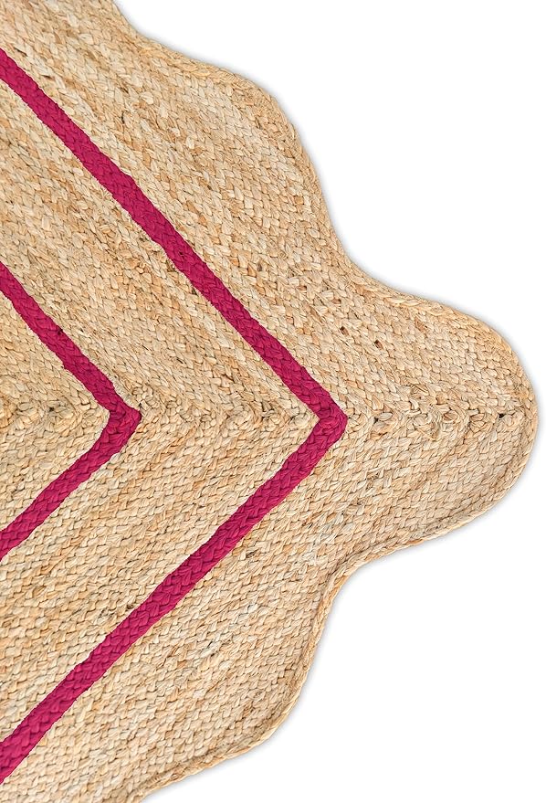 Wave Scalloped Natural Jute Rug Boho Jute Rug Entryway Runner Rug Farmhouse Scallop Rug, Dark Pink (2'6"x6')