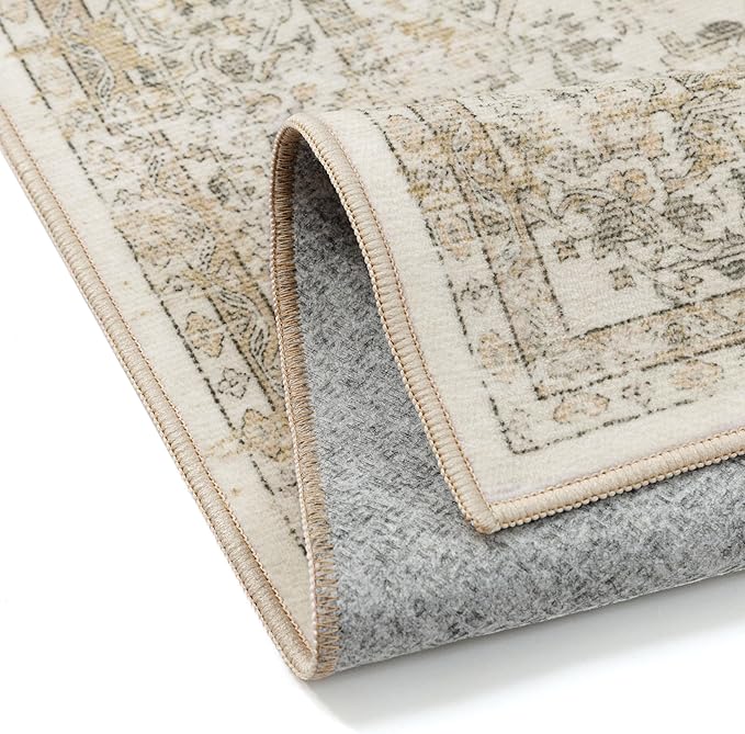 5x8 Washable Area Rug Beige Vintage Distressed Living Room Carpet for Office Oriental Soft Thin Indoor Retro Non Slip Low Pile Floor Cover for Ding Room Bedroom Laundry Dorm