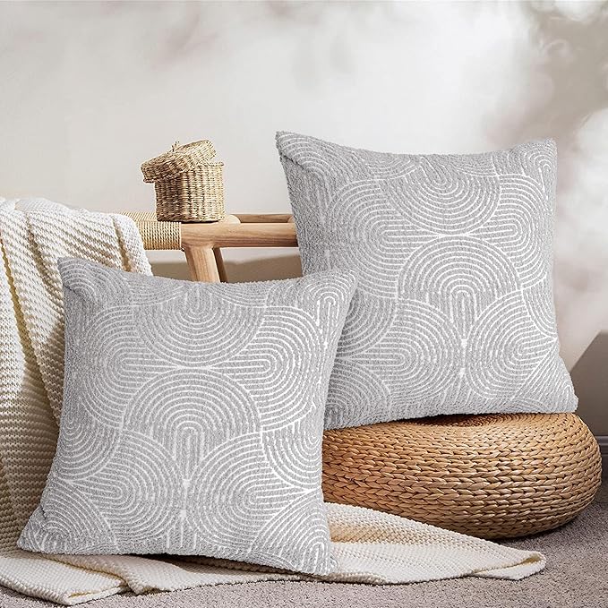 AELS Boho Decorative Textured Throw Pillow Covers 20x20, Modern Mid Century Rainbow Tufted Pillow Case, Farmhouse Rustic Geometric Woven Cushion Case for Bed Couch Sofa, Light Gray