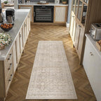HUGEAR 2x6 Runner Rug Vintage Beige Machine Washable Retro Floral Hallway Low Pile Carpet Vacuumable Distressed Long Throw Rug Bedroom Office Bathroom Kitchen Laundry Non Slip Soft Lightweight